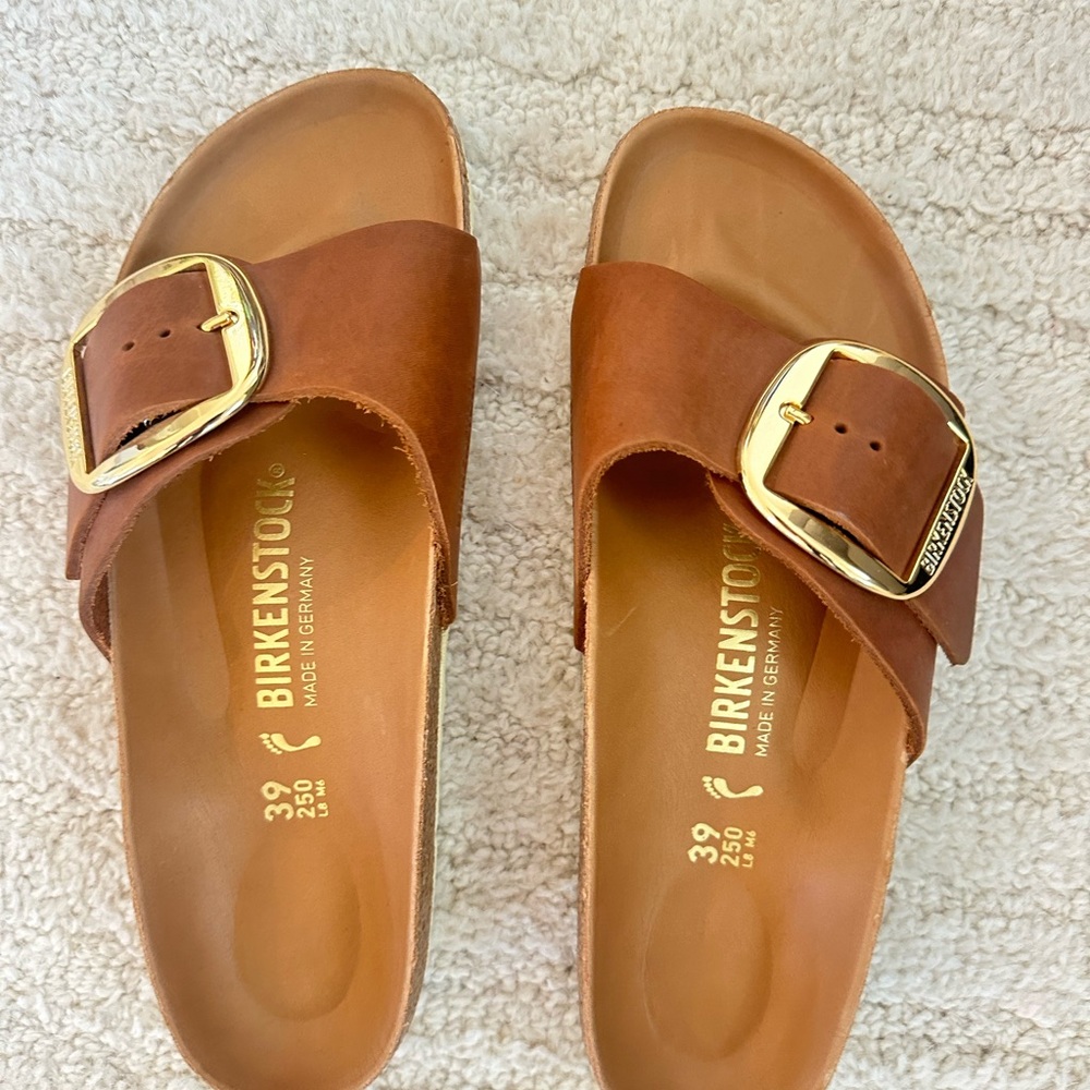 Birkenstock Tan Slides with Gold Buckle